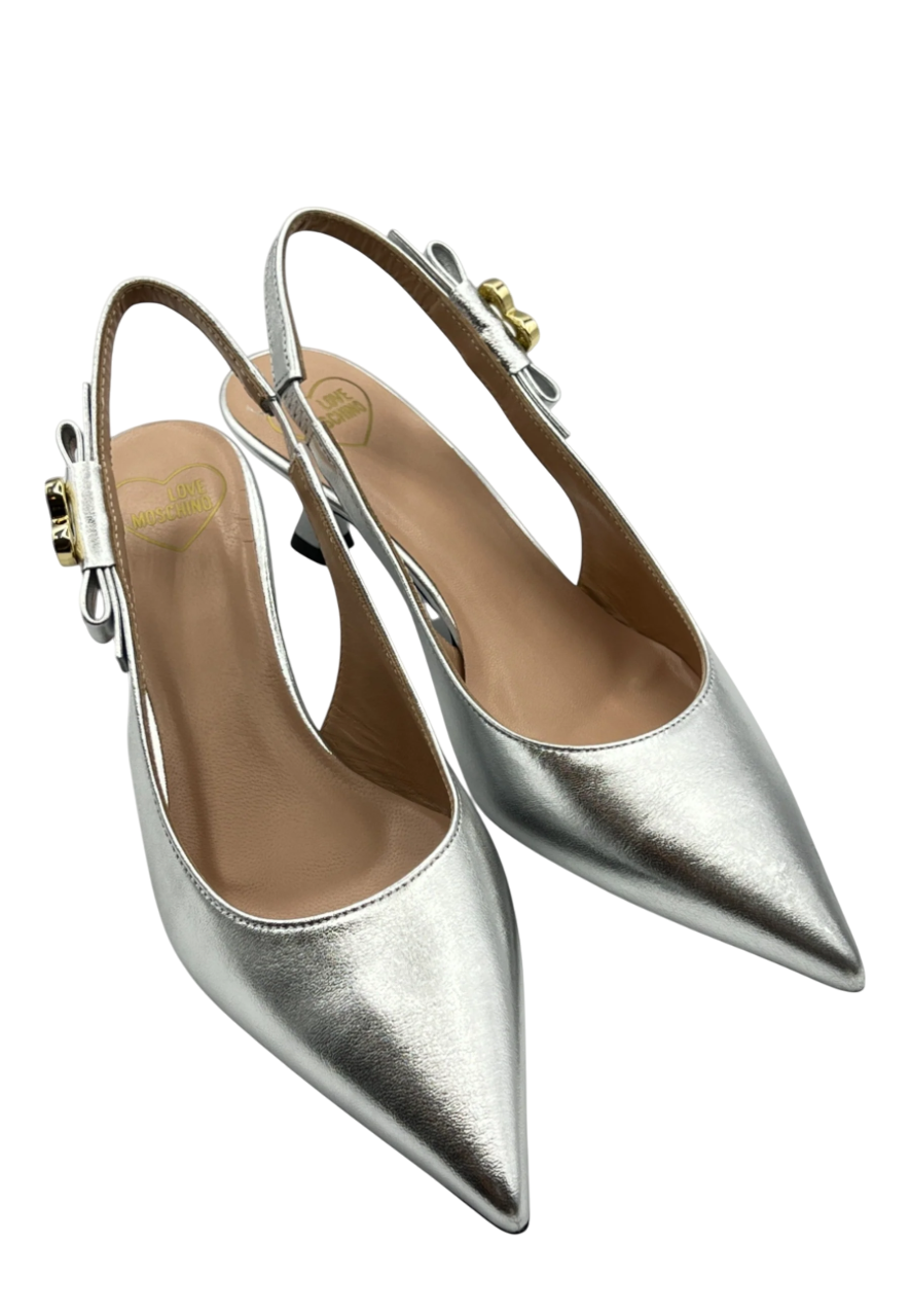 Love Moschino decollete slingback in pelle laminata argento