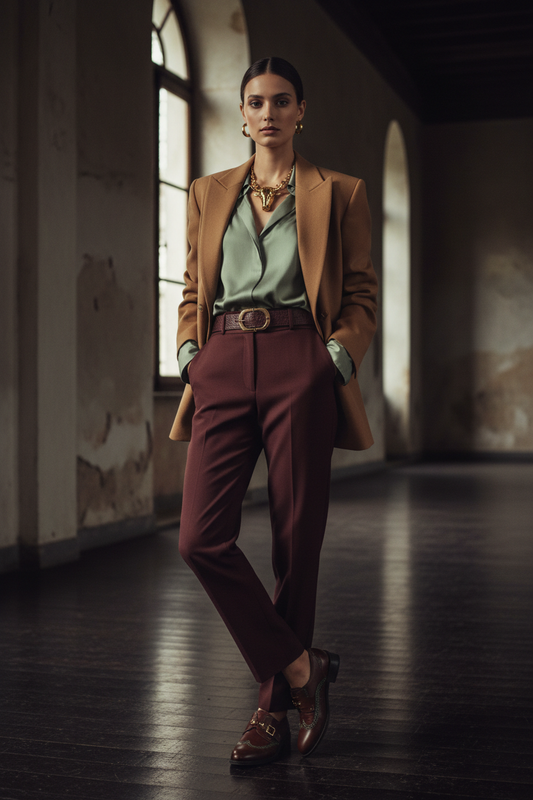 Look del giorno segno del Toro - blazer camel e pantaloni bordeaux, stile luxury italiano