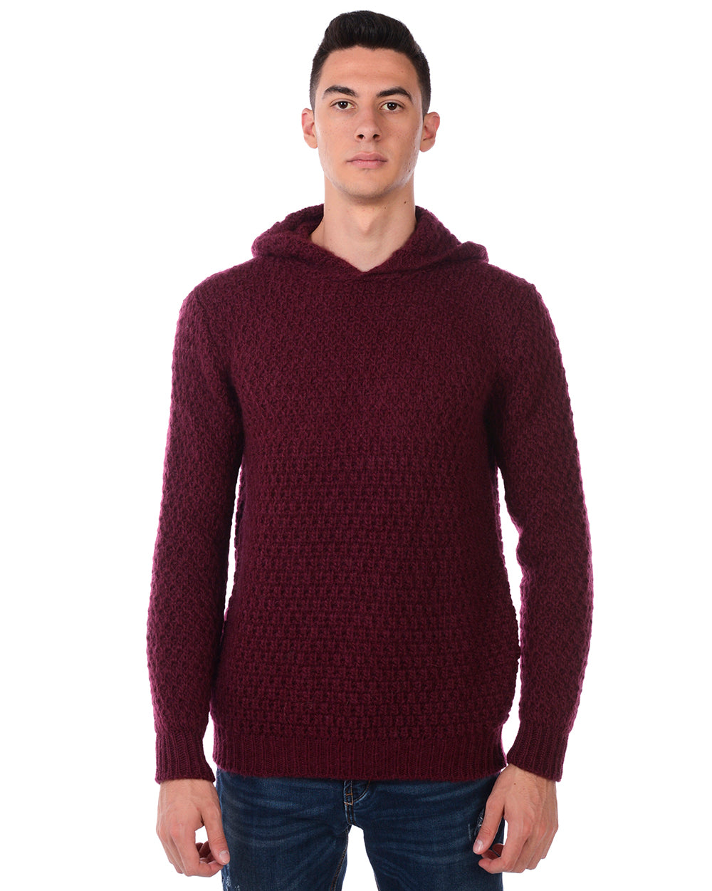 Maglione Bordeaux con Cappuccio in Lana Daniele Alessandrini - mem39