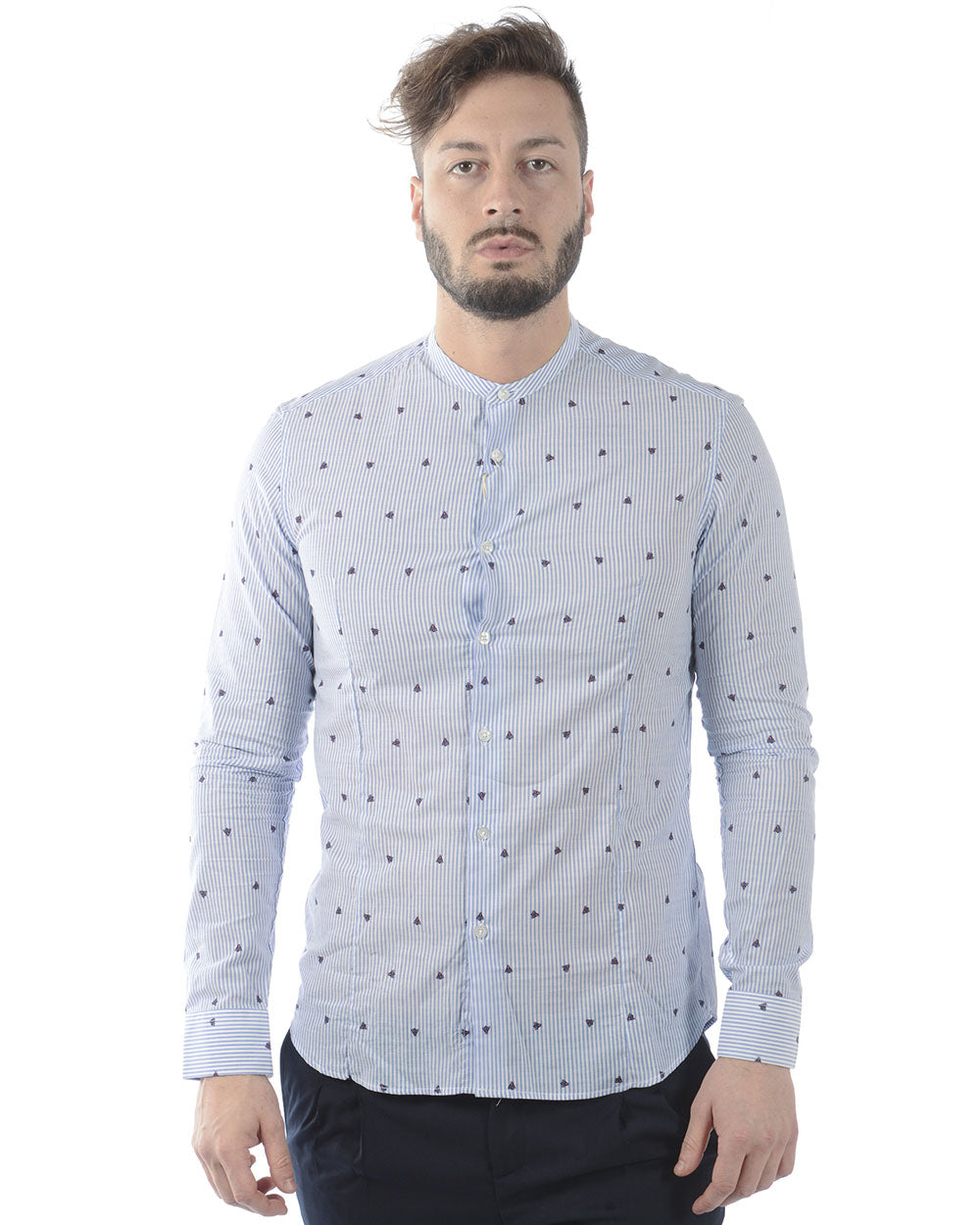 Camicia Daniele Alessandrini Blu Manica Lunga Slim Fit - mem39