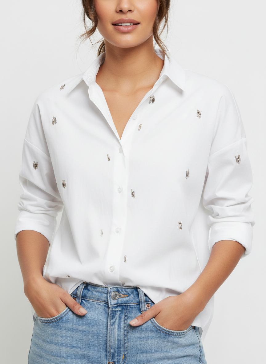 Only camicia manica lunga Oregon con dettagli gioiello bianco - mem39