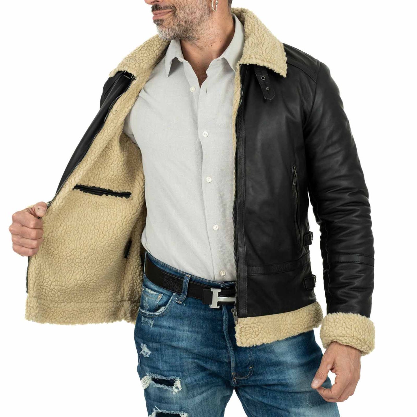 Giacca Biker In Vera Pelle Nero Interno Nero Uomo Slim In Stile Montone Collo Con Fibbia Rindway