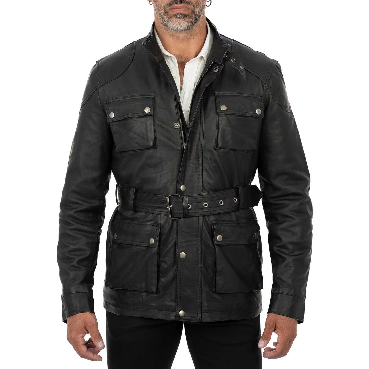 Giaccone Giacca Lungo In Vera Pelle Nera Uomo Slim Con Tasconi e Cintura Vita Rindway