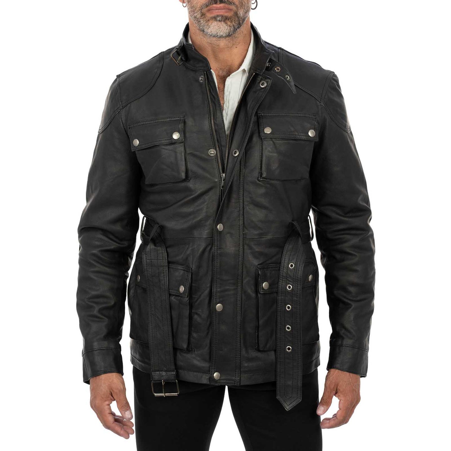 Giaccone Giacca Lungo In Vera Pelle Nera Uomo Slim Con Tasconi e Cintura Vita Rindway