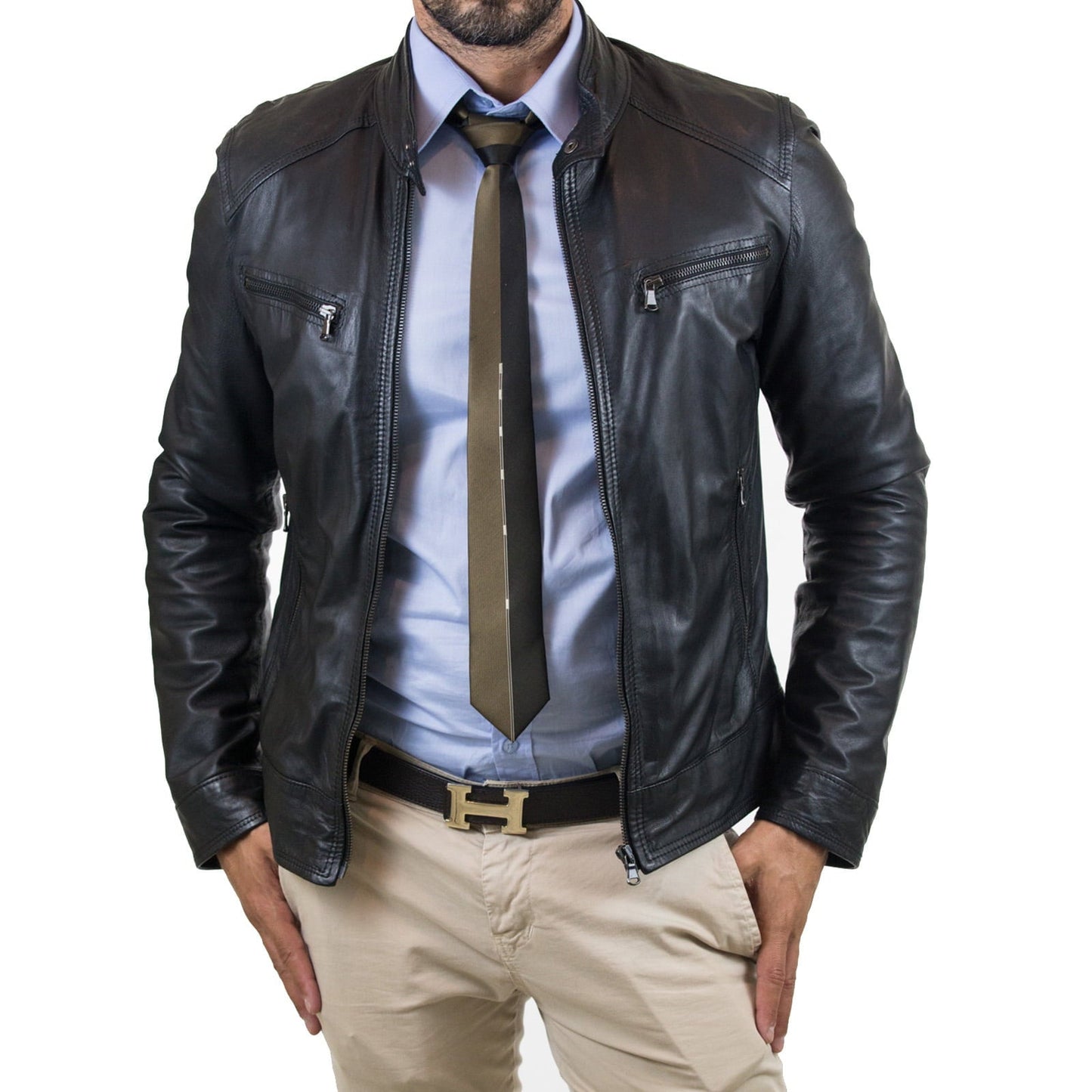 Giacca Biker In Vera Pelle Nero Uomo Slim Quattro Tasche Cerniera Rindway