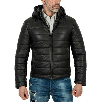 Piumino Giacca In Vera Pelle Nera Uomo Slim Cappuccio Con Cerniera Removibile Rindway