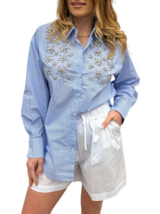 White Wise camicia manica lunga con applicazioni gioiello celeste
