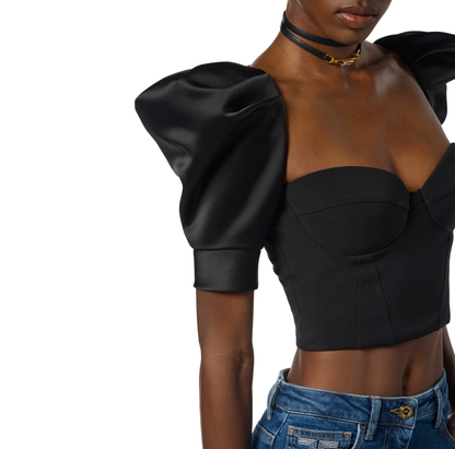 Elisabetta Franchi top in crepe e duchesse con manica palloncino nero
