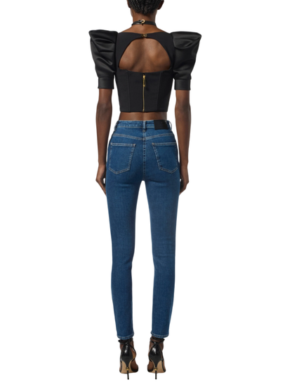 Elisabetta Franchi top in crepe e duchesse con manica palloncino nero