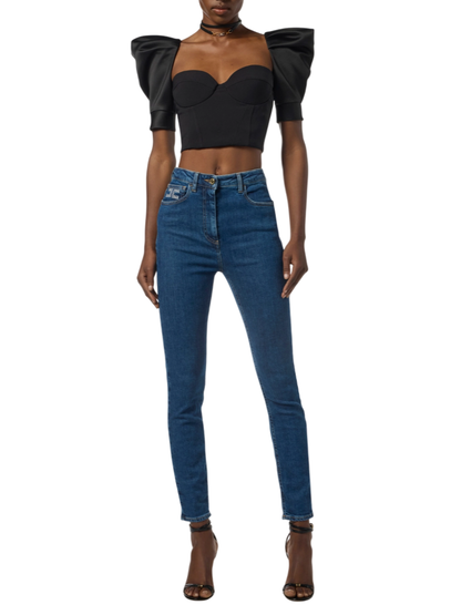 Elisabetta Franchi top in crepe e duchesse con manica palloncino nero
