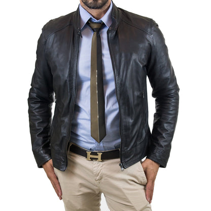 Giacca Biker In Vera Pelle Uomo Nero Slim Collo Con Bottoni Rindway